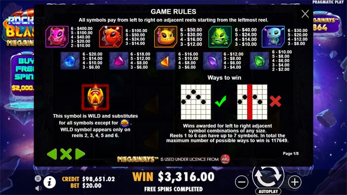 Rocket Blast Megaways Paytable