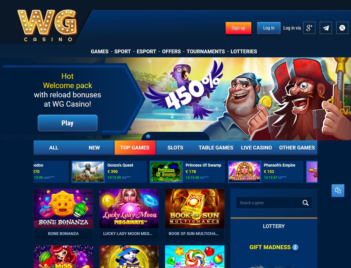 WG Casino Website Screenshot